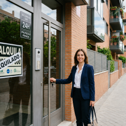 Abogada con cliente delante de piso alquilado. Hay un cartel de "Se Alquila" y "Propiedad Privada" en la fachada de un edificio residencial con vigilancia 24 horas